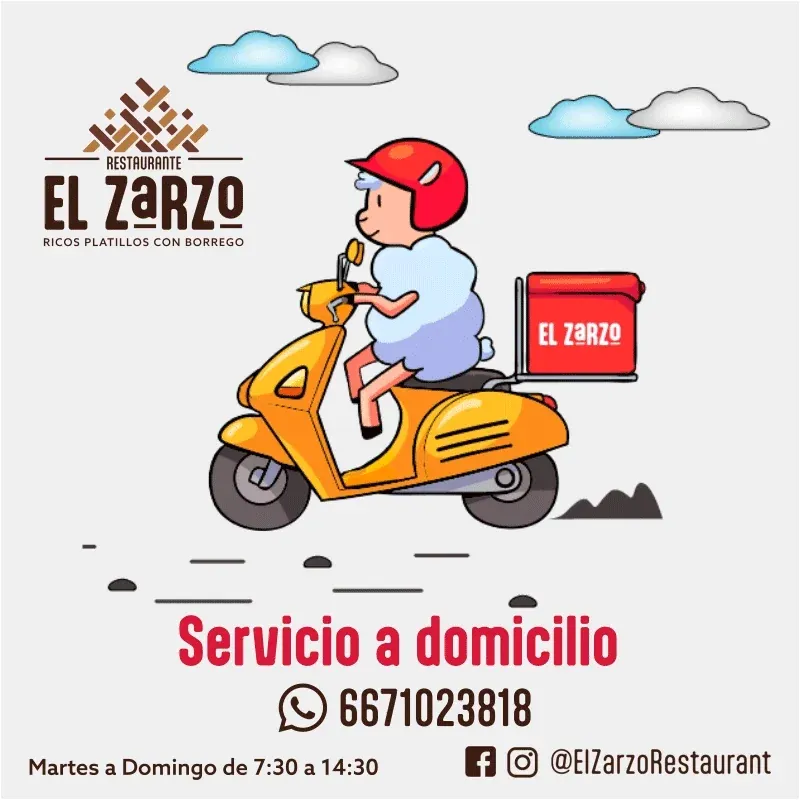Ilustración de un borrego con casco que reparte en motoneta los pedidos de El Zarzo: servicio a domicilio